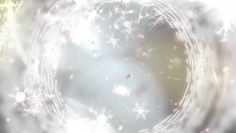 Animation-of-white-circles-and-snow-falling-on-grey-background