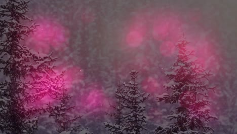 Animation-of-multiple-pink-flickering-spots-of-light-over-winter-scenery-in-forest