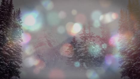 Animation-Von-Weihnachtlich-Flackernden-Lichterketten-über-Einer-Winterlandschaft-Mit-Tannenbäumen