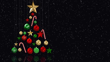 Animation-of-baubles-christmas-tree-with-snow-falling-on-black-background