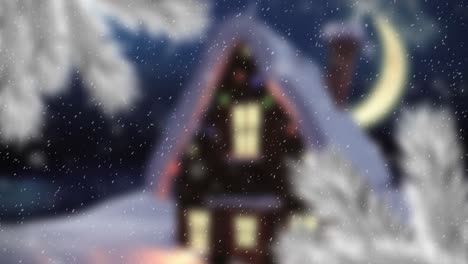 Animation-Einer-Weihnachtlichen-Winterlandschaft-Mit-Haus-Und-Fallendem-Schnee