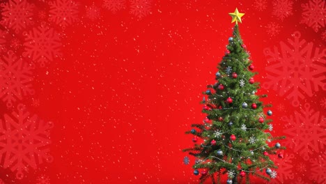 Animation-of-christmas-tree-with-snow-falling-on-red-background