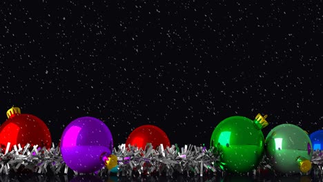 Animation-of-christmas-baubles-decorations-with-snow-falling-on-black