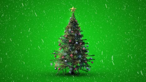 Animation-of-decorated-christmas-tree-with-snow-falling-on-green