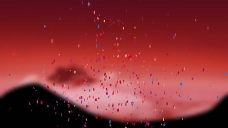 Animation-of-multi-coloured-confetti-falling-over-red-background