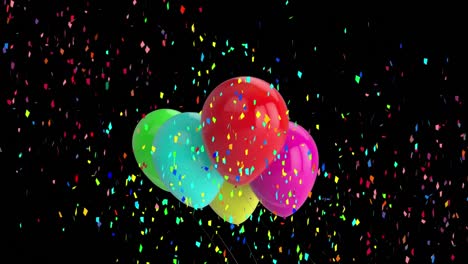 Animation-of-multi-coloured-confetti-falling-over-balloons-on-black