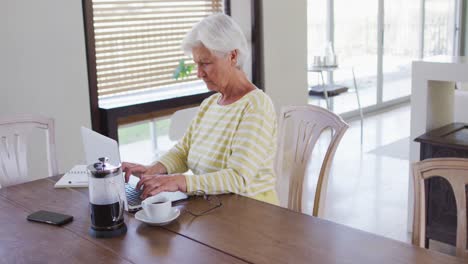 Ältere-Kaukasische-Frau-Benutzt-Laptop-Im-Wohnzimmer-Zu-Hause