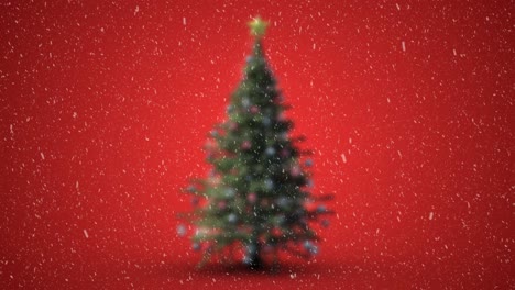 Animación-Del-árbol-De-Navidad-Con-Nieve-Cayendo-Sobre-Fondo-Rojo
