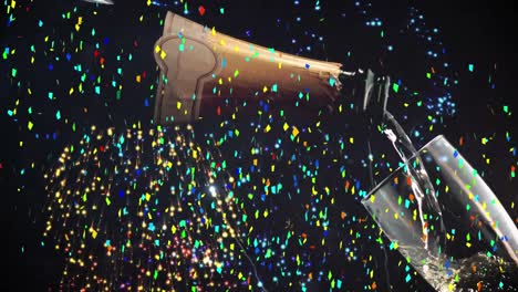 Animation-of-multi-coloured-confetti-and-fireworks-over-champagne-pouring