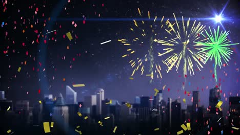 Animation-of-multi-coloured-confetti-and-fireworks-exploding-over-cityscape