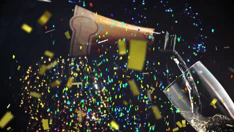 Animation-of-multi-coloured-confetti-and-fireworks-over-champagne-pouring