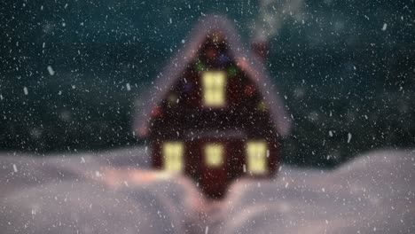 Animation-Einer-Weihnachtlichen-Winterlandschaft-Mit-Beleuchtetem-Haus-Und-Fallendem-Schnee