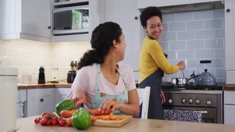 Mixed-race-lesbian-couple-and-daughter-preparing-food-in-kitchen