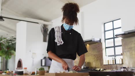 Mixed-race-female-chef-cutting-vegetables