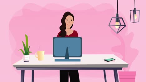 Animation-of-pictogram-of-woman-working-from-home-using-computer