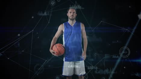 Animation-of-male-basketball-player,-digital-interface-and-data-processing