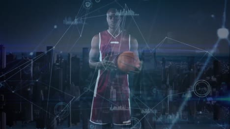 Animation-of-male-basketball-player-with-network-of-connections-and-cityscape