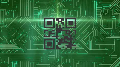 Animation-of-glowing-qr-code-digital-interface-over-green-circuit-board