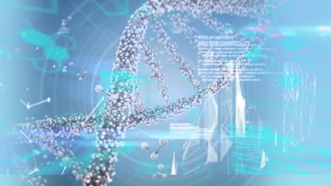 Digital-animation-of-dna-structure-spinning-medical-data-processing-in-background