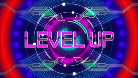 Digital-animation-of-neon-level-up-text-over-glowing-tunnel-against-blue-background