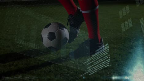 Animation-of-male-football-player-kicking-ball,-statistics-and-data-processing