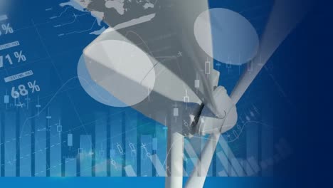 Digitale-Animation-Der-Finanzdatenverarbeitung-über-Einer-Sich-Drehenden-Windmühle-Vor-Blauem-Hintergrund