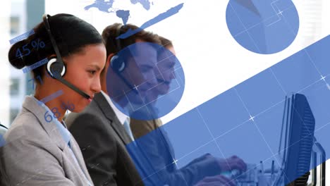 Animation-of-diverse-customer-care-team-with-phone-headsets-and-statistics