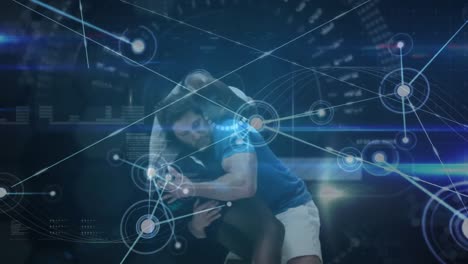 Animation-Zweier-Männlicher-Rugbyspieler-Im-Gedränge-Und-Netzwerk-Von-Verbindungen