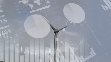 Digitale-Animation-Der-Finanzdatenverarbeitung-über-Einer-Sich-Drehenden-Windmühle-Vor-Blauem-Hintergrund