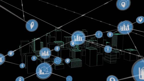 Digitale-Animation-Eines-Netzwerks-Von-Verbindungen-Vor-Einem-3D-Stadtmodell,-Das-Sich-Auf-Schwarzem-Hintergrund-Dreht