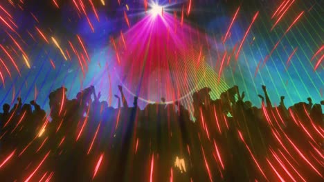 Animation-of-people-dancing-at-party-with-spinning-spotlight-and-light-trails