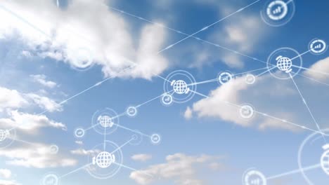 Digitales-Zusammengesetztes-Video-Eines-Netzwerks-Von-Verbindungen-Vor-Wolken,-Die-Sich-Am-Blauen-Himmel-Bewegen