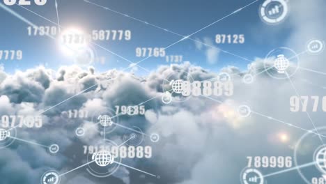 Digital-animation-of-network-of-connections-with-increasing-numbers-against-clouds-in-blue-sky