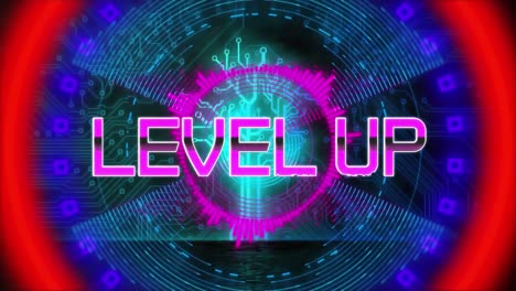 Digitale-Animation-Von-Neon-Level-Up-Text-über-Leuchtendem-Tunnel-Vor-Schwarzem-Hintergrund