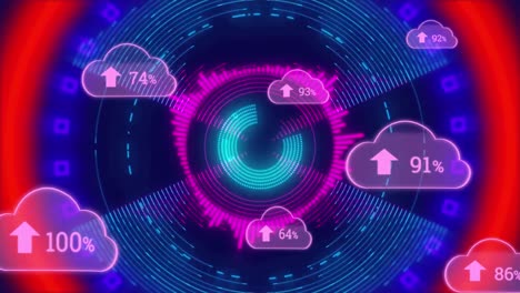 Digitale-Animation-Von-Wolkensymbolen-Mit-Steigendem-Prozentsatz-Vor-Neonleuchtendem-Tunnel-Auf-Blauem-Hintergrund