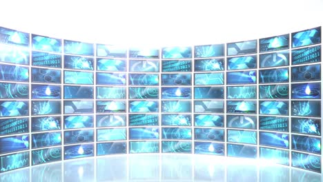 Animation-of-rows-of-screens-showing-data-processing-on-whitebackground