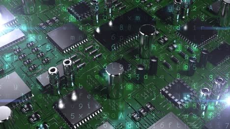Animation-of-computer-circuit-board-elements-and-binary-coding-over-green-background
