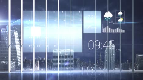 Animation-of-digital-weather,-time-and-data-processing-over-cityscape