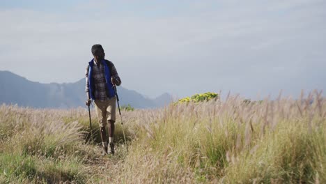 African-american-man-wearing-backpack-using-nordic-walking-poles-hiking-in-countryside