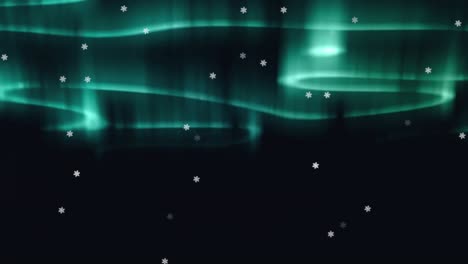 Digital-animation-of-shining-stars-falling-over-glowing-green-light-trails-against-black-background