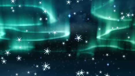 Digital-animation-of-shining-stars-falling-against-glowing-green-light-trails-in-night-sky