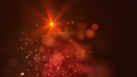 Digital-animation-of-flame-of-bokeh-lights-and-spot-of-light-against-red-background