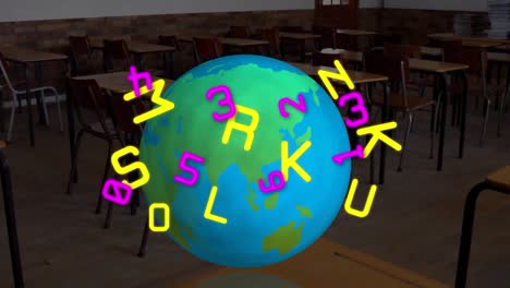Digital-composition-of-alphabets-and-numbers-over-spinning-globe-against-empty-classroom