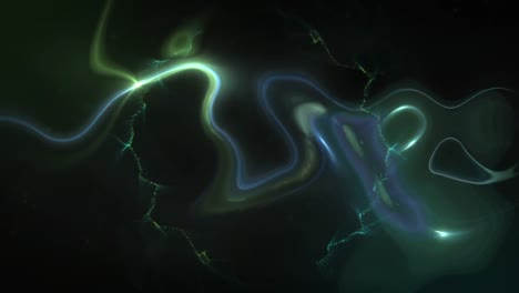 Animation-of-green-and-blue-smoke-and-light-trails-on-black-background