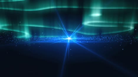 Digital-animation-of-bright-blue-spot-of-light-spinning-against-glowing-green-light-trails-in-night-