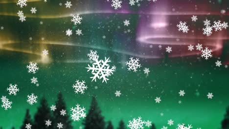 Digital-animation-of-snowflakes-falling-against-colorful-light-trails-in-night-sky