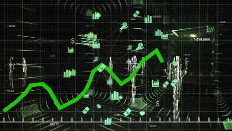 Digital-animation-of-green-graph-moving-against-network-of-finance-icons-on-black-background