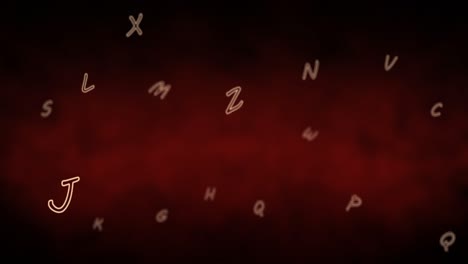 Digital-animation-of-english-alphabets-floating-and-moving-against-red-background
