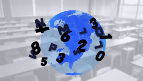 Digital-composition-of-alphabets-and-numbers-over-spinning-globe-against-empty-classroom