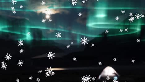 Digitale-Animation-Von-Schneeflocken,-Die-über-Leuchtende-Grüne-Lichtspuren-Am-Nachthimmel-Fallen